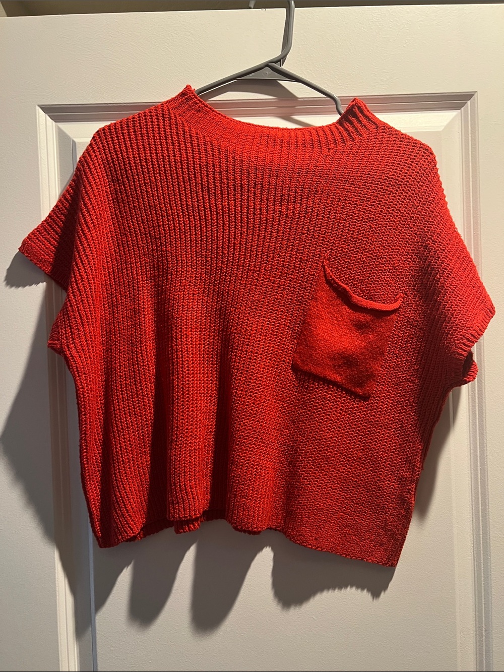 Bright Red Short-Sleeve Knit Top with Pocket